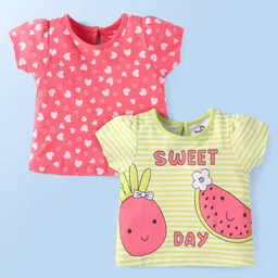 Doodle Poodle Single Jersey Knit Half Sleeves Tops With Heart & Tropical Theme Print Pack Of 2 - Pink Lemon Yellow-picture-23