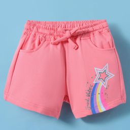 Olio Kids Cotton Knit Above Knee Length Shorts with Star & Text Glitter Print - Pink-image-65