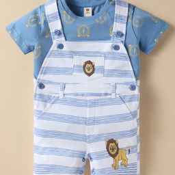 ToffyHouse Cotton Knit Dungaree & Half Sleeves T-Shirt With Lion Embroidery & Print - Blue-image-77