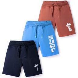 Primo Gino 100% Cotton Knit Knee Length Shorts With Beach Theme Print Pack Of 3 - Blue Brown & Navy Blue-image-46