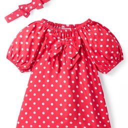 Babyhug Rayon Knit Puffed Sleeves Top & Head Band with Polka Dots & Bow Applique -Red-image-83