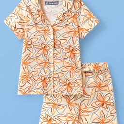 Pine Kids Single Jersey Knit Half Sleeves Co-ords Shorts Night Suit with Floral Print - Cream-picture-8