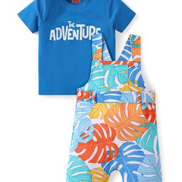 Babyhug Single Jersey Knit Dungaree & Half Sleeves T-Shirt With Leaves Print - Light Blue-image-84