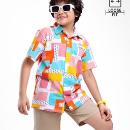 Ollington St. Cotton Printed Half Sleeves Shirt & Twill Shorts Set - Multicolor & Beige-image-43