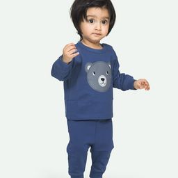 Ariel Pure Cotton Full Sleeves Teddy Bear Printed Tee With Coordinating Pajama Set - Navy Blue-27