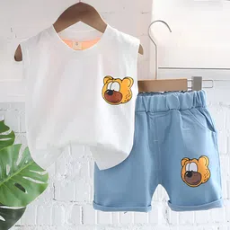 Googo Gaaga Cotton Sleeveless Teddy Bear Printed Tee & Shorts Set - White-picture-17