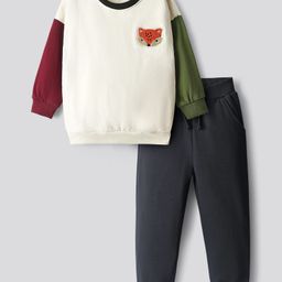Bonfino Cotton Knit Full Sleeves Fleece Sweatshirt With Colour Block & Jogger Set - Off White & Black-image-46
