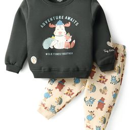 CUCUMBER Fleece Knit Full Sleeves Winter Wear Night Suit With Animal Print - Charcoal Grey-image-29