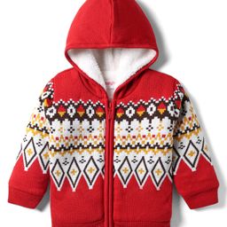 Babyhug Knit Full Sleeves Front Open Hooded Sweater with Aztec Design - Red Grey & Yellow-image-5