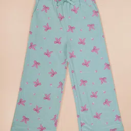 Kiddopanti Cotton Knit Floral & Bow Printed Pajama - Pista Green-picture-49