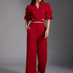 20Dresses Maroon Shirt Collar Short Sleeves Top With Trouser-image-2