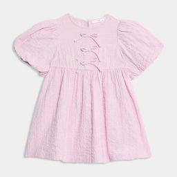 Marks & Spencer Girls Pure Cotton Puff Sleeve Bow Fit and Flare Dress-18