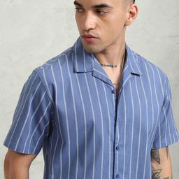 HIGHLANDER Men Cuban Collar Vertical Striped Cotton Relaxed Fit Casual Shirt-picture-35