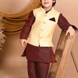 Pehanaava Boys Mandarin Collar Kurta with Pyjamas & Waistcoat-12