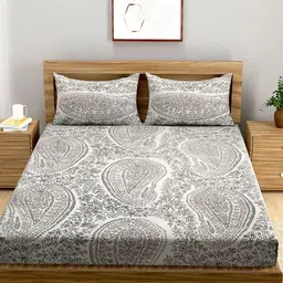A Homes Grace Beige & Black Floral 144 TC Queen Bedsheet with 2 Pillow Covers-image-18