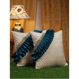 HOSTA HOMES Off White & Green 2 Pieces Geometric & Embellished Square Cushion Covers 16x16 inches-picture-12