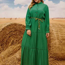JC Mode Women Mandarin Collar Puff Sleeves Tiered Maxi Dress-image-60