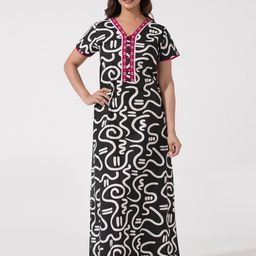 Maybell Women Abstract Printed Pure Cotton Maxi Nightdress with Embroidered Button Yoke-11