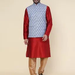 W & G Men Solid Kurta with Churidar & Nehru Jacket-picture-9