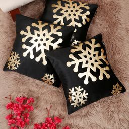 Myntra Elegant Homes Black & Gold-Toned 3 Pieces Printed Velvet Square Cushion Covers-image-18