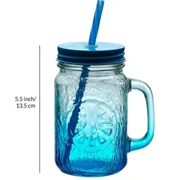 Aura Set of Blue Coloured Mason Jar With Metal Lid & Straw 480 ml Each image 5