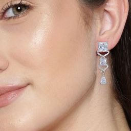 PRIVIU Silver-Plated American Diamond Studded Square Shaped Drop Earrings-image-15