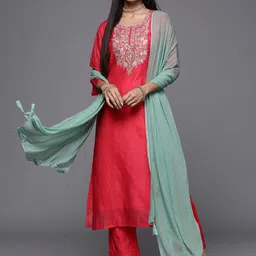 Varanga Floral Yoke Design Sequinned Kurta With Trousers & Dupatta-picture-45
