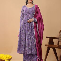 Janasya Women's Lavender Georgette Floral Printed A-line Kurta Set-image-17