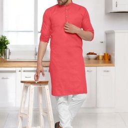 ANUJ FASHION Men Pink Solid Cotton Blended Knee Length Kurta-picture-43