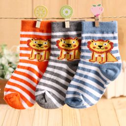 Cute Walk by Babyhug Ankle Length Striped Socks Lion Design - Orange Blue Grey-image-27
