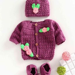 USHA ENTERPRISES Full Sleeves Floral Applique Sweater With Cap & Booties - Purple-image-99