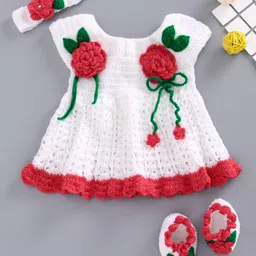 USHA ENTERPRISES Sleeveless Flower Knit Detailing Dress With Headband & Booties - White-picture-2
