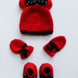 Woonie Handmade Bow Detailed Cap With Booties & Mittens - Red-picture-26