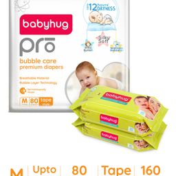 Babyhug Pro Bubble care premium Tape Style Diaper Medium - 80 Pieces & Babyhug Premium 98% Water Baby Wet Wipes - 80 Pieces -(Pack of 2)-image-82