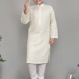 Little Clothings Boys Floral Embroidered Regular Thread Work Linen Kurta with Churidar-picture-12