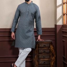 Koshin Geometric Printed Pure Cotton Mandarin Collar Straight Kurta With Pyjamas-58