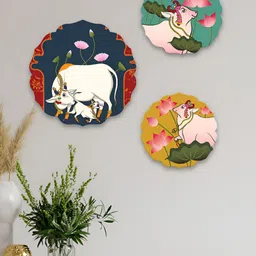 ArtVibes Blue Set Of 3 Printed Pichwai Designer Round Shaped Wooden Wall Hanging-25