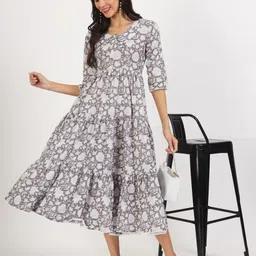 Chandbaali Women's Floral Printed Shirt Collar Fit & Flare Midi Dress-picture-3