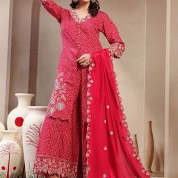 Ramas Women Bandhani Embroidered Regular Beads and Stones Kurta with Sharara & With Dupatta-image-58