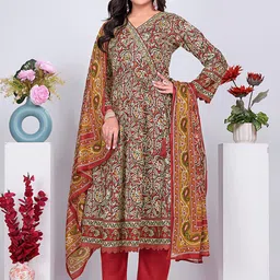 Pionex Women Floral Printed Angrakha Pure Cotton Anarkali Kurta with Trousers & Dupatta-11