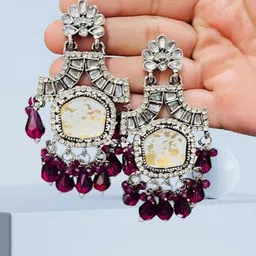 OPUS GEMS Artificial Stones Studded And Beaded Contemporary Chandelier Drop Earrings-picture-17