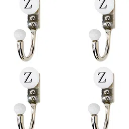 IndianShelf White & Silver Toned 4 Pieces Z Letter Printed Ceramic & Zinc Wall Hooks-image-124