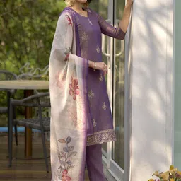 SHREE LAXMINARAYAN EXPORT Printed Tissue Round Neck Straight Kurta With Trousers & Dupatta image 5