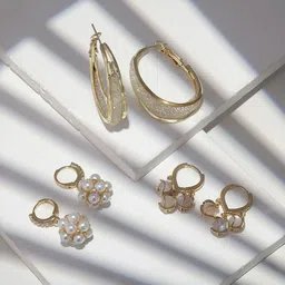 Estailo fashion Set Of 3 Stainless Steel Gold-Plated Pearls Beaded Floral Hoop Earrings-picture-20