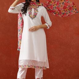 QSH Embroidered A-Line Solid Festive Kurta & Trousers With Dupatta-image-12