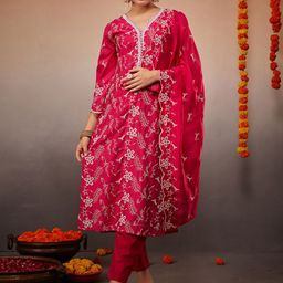 Sangria Women Floral Embroidered Kurta with Trousers & Dupatta-picture-11