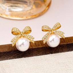 COOLWOOL Korean Gold-Plated Artificial Stones Studded & Pearls Beaded Bow Studs-image-11