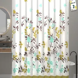 Aura 2-Pcs White & Mustard Leaf Printed Waterproof ShowerCurtainWithHooks-image-82