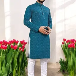 Atly Men Embroidered Regular Sequinned Kurta with Pyjamas image 3