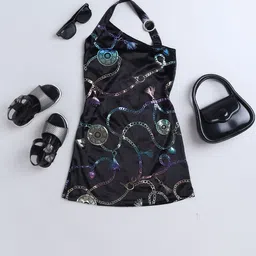 taffykids Girls Foil Printed Halter Neck Velvet A-Line Party Dress-image-35